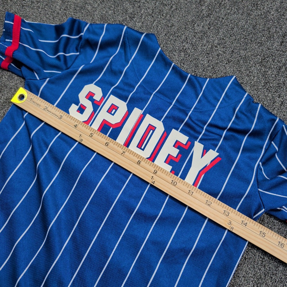 Marvel Spiderman Baseball Jersey Size 7 Blue Pinstripe Button Down Sporty Shirt - Picture 8 of 9